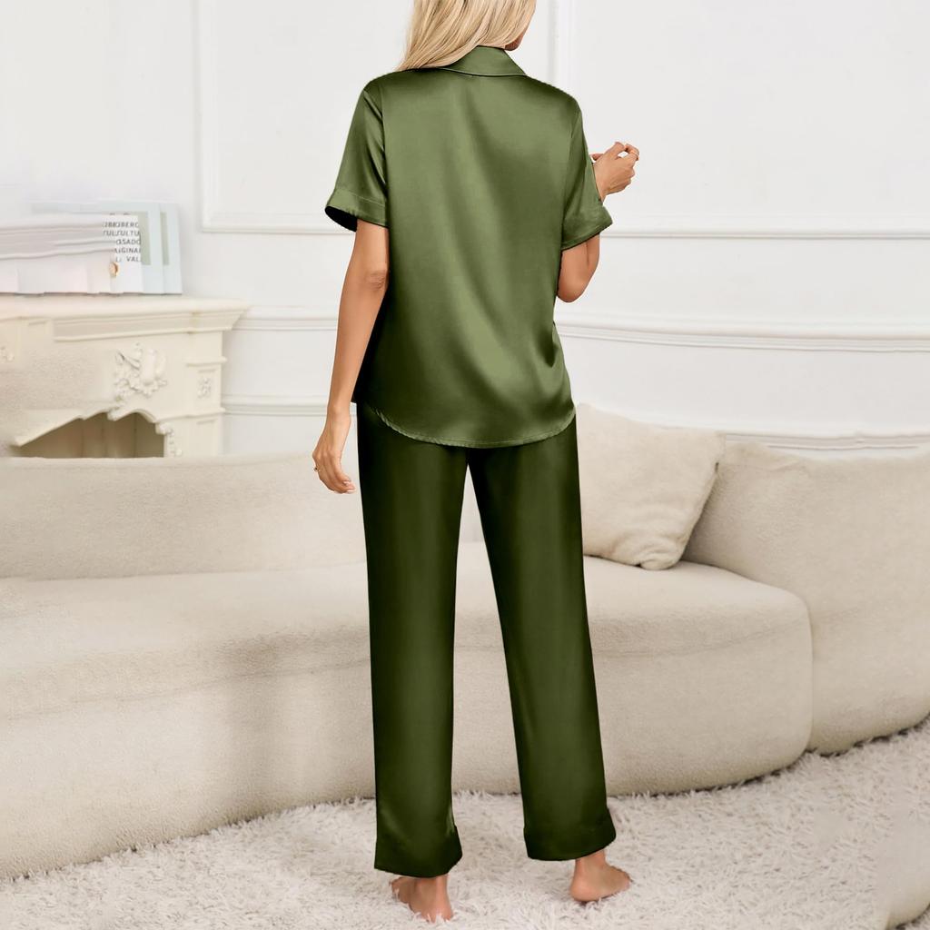Женский шелковый однотонный пижамный комплект, женская пижама из двух частей с короткими рукавами и длинными брюками, пижама на пуговицах и домашняя одежда
