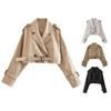 Women Spring Autumn Cropped Coat Lapel Long Sleeve Double Breasted Windbreaker Jacket Solid Color Casual Outwear Streetwear