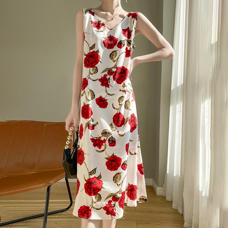 Silk Satin Women's V-neck Print Spaghetti Strap Maxi Dress - Summer 2025 Collection