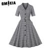 Vintage Women's Dress with Lapel Mid-sleeve Single Breasted with Pocket Hepburn Style Sub Dress