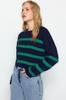 Women's Fashion New Sweater Navy Blue Crop Striped Knitwear Sweater