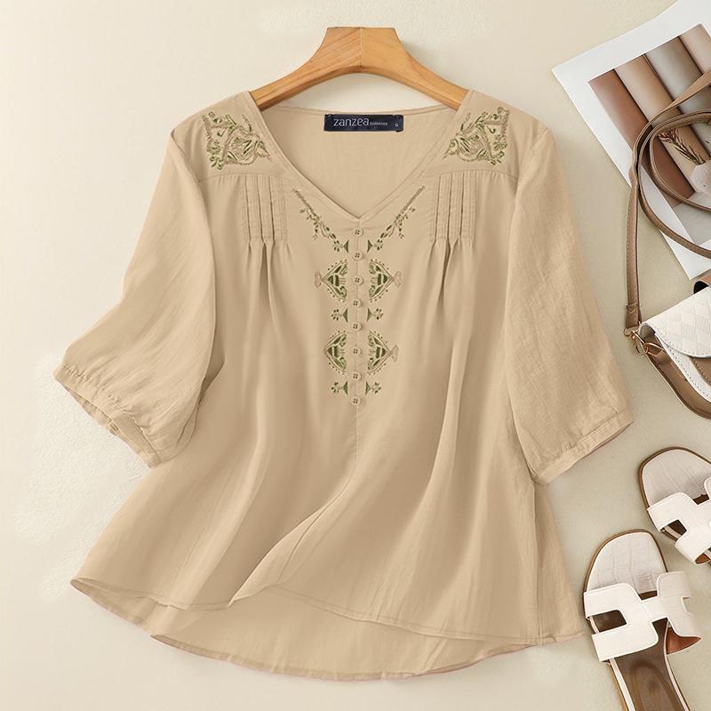 ZANZEA Women Casual V-Neck Half Sleeve Loose Embroidery Blouse