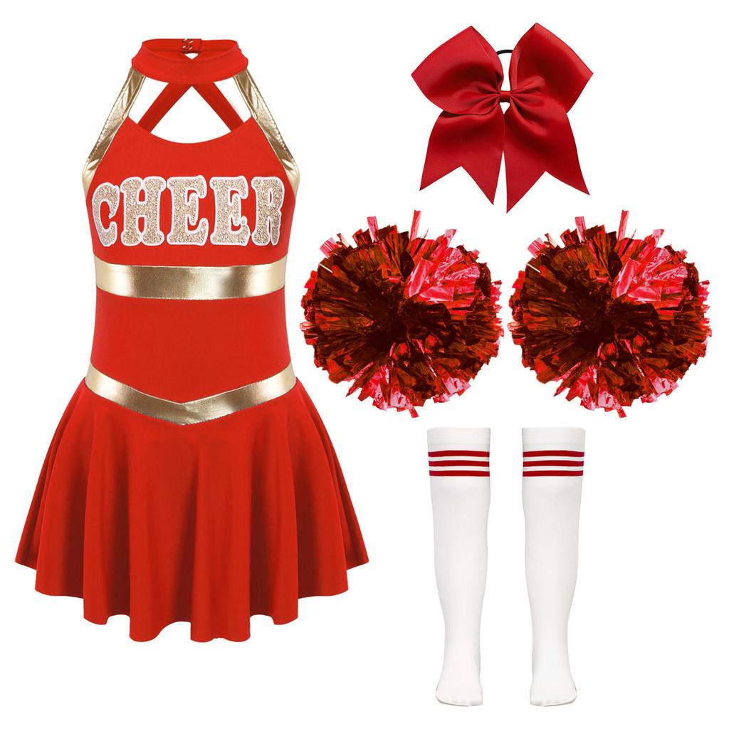Girls Cheer Leader Halloween Performance Uniform Costume High School Sleeveless Dress Cheerleading Outfit