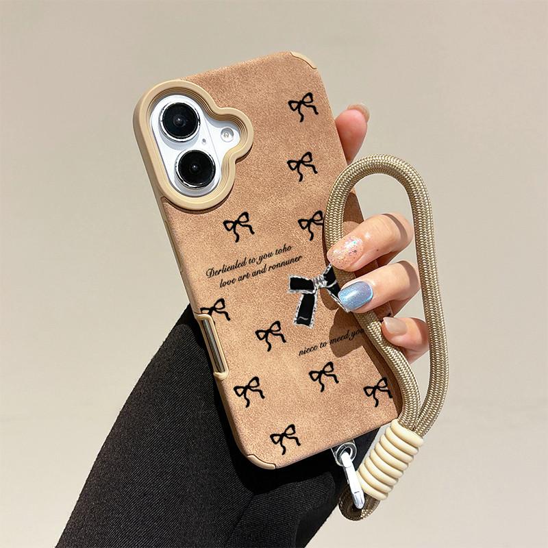 Black Bowknot Patterned Printed Leather Case + Lanyard Wrist Strap Protective Shell Soft Silicone Case for iPhone