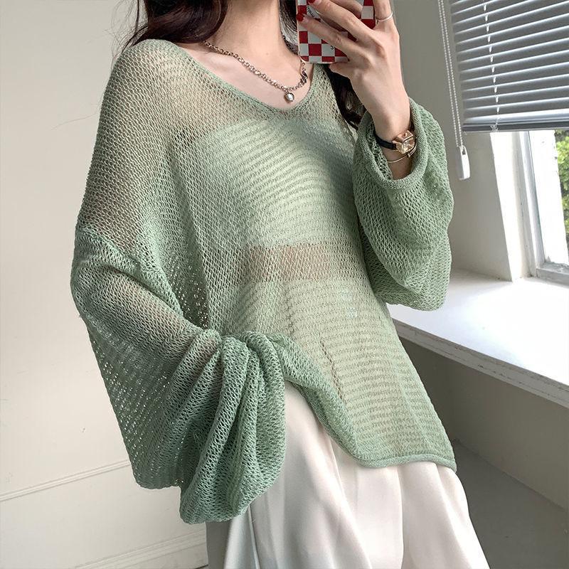 Long Sleeves Hollow Out Sweater Irregular Thin Design Women's Sun Protection Knitted Top V Neck Long Sleeves Loose and Lazy