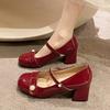 Burgundy Hepburn Style Small Leather Shoes Women'S Spring New British Style Retro Thick Heel High Heels Mary Jane Single Shoes