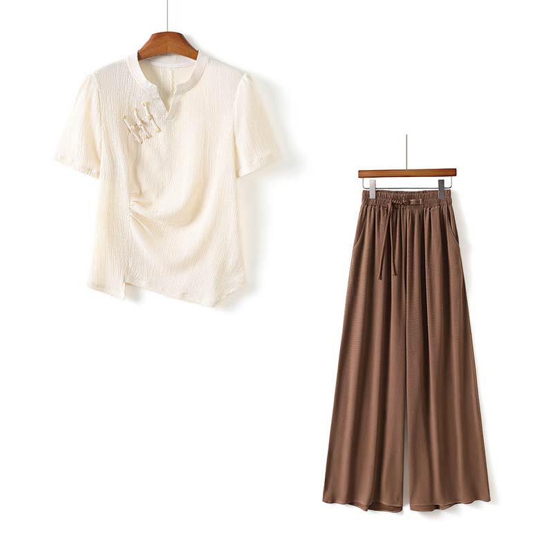 Chinese Style Summer Set: Short-Sleeved Blouse & Wide-Leg Pants for Middle-Aged Women