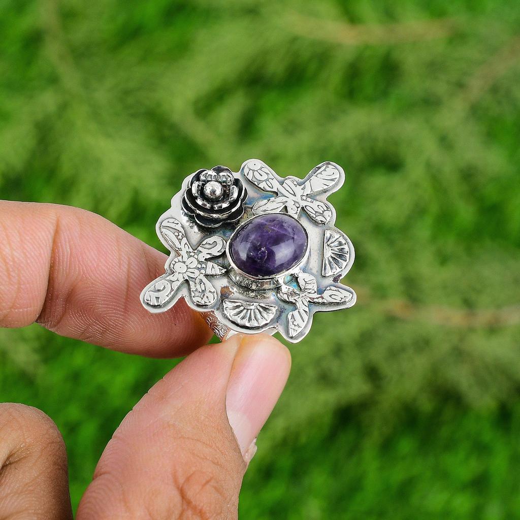 Sterling Silver Natural African Amethyst Flower Wedding February Promise Ring