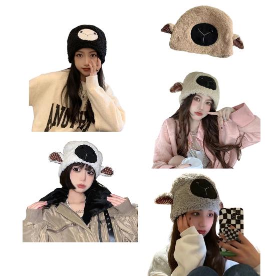 Lady Winter Hat Cartoon Lamb Head Shape Thick Fleece Ear Protection Dome Heat