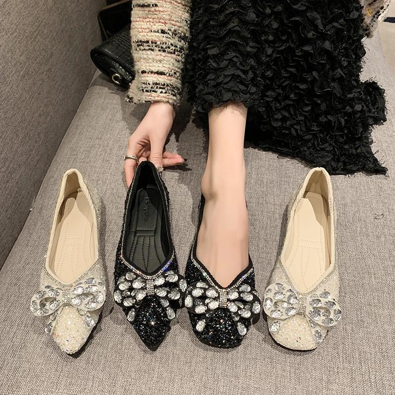 Spring Woman Elegant Square Toe Sequins Kawaii Ballet Flats Barefoot Designer Luxury   Female Shoes Party