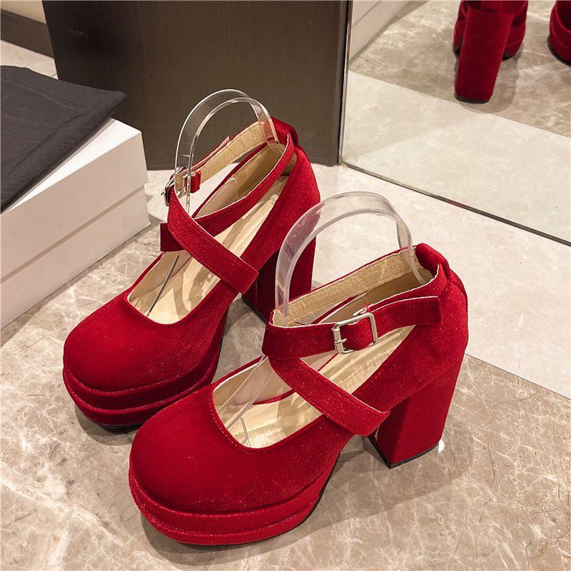 Fashion Platform Women Mary Jane Shoes Fashion Elegant Cross Strap Thick Heeled Shoes Spring Ladies College Style Suede Dress Pumps