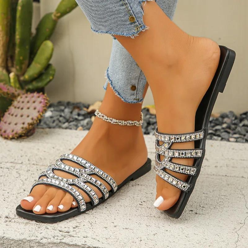 Shoes Female 2025 Open Toe Women's Slippers Plus Size Outdoor Casual Sandals Women Crystal Square Toe Flat with Women's Sandals