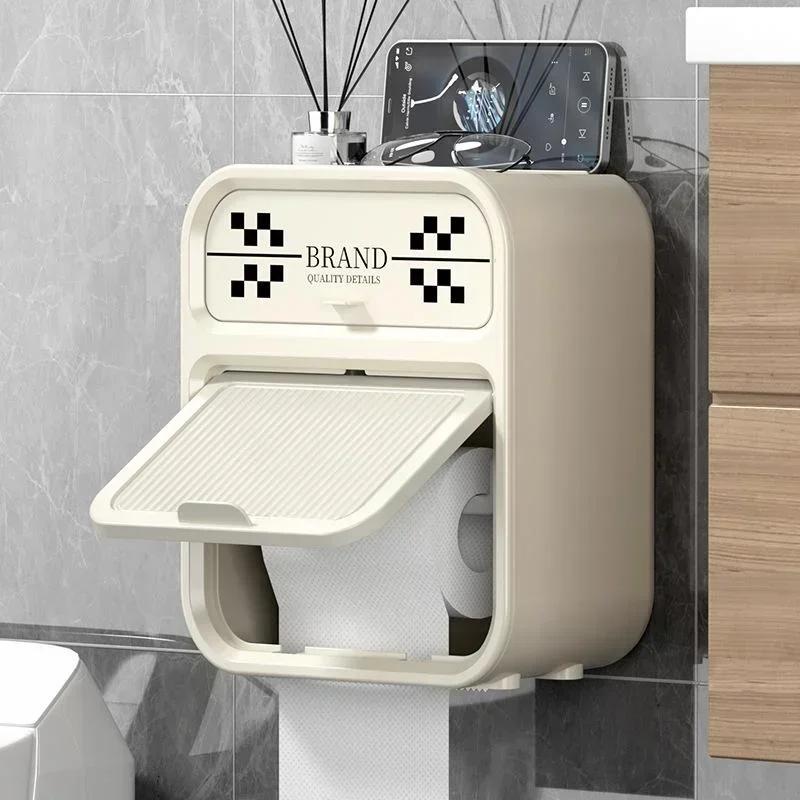 1pc Nordic Style Chessboard Bathroom Tissue Box Double Layer Storage Rack Waterproof Non-hole Wall Mounted Tissue Box