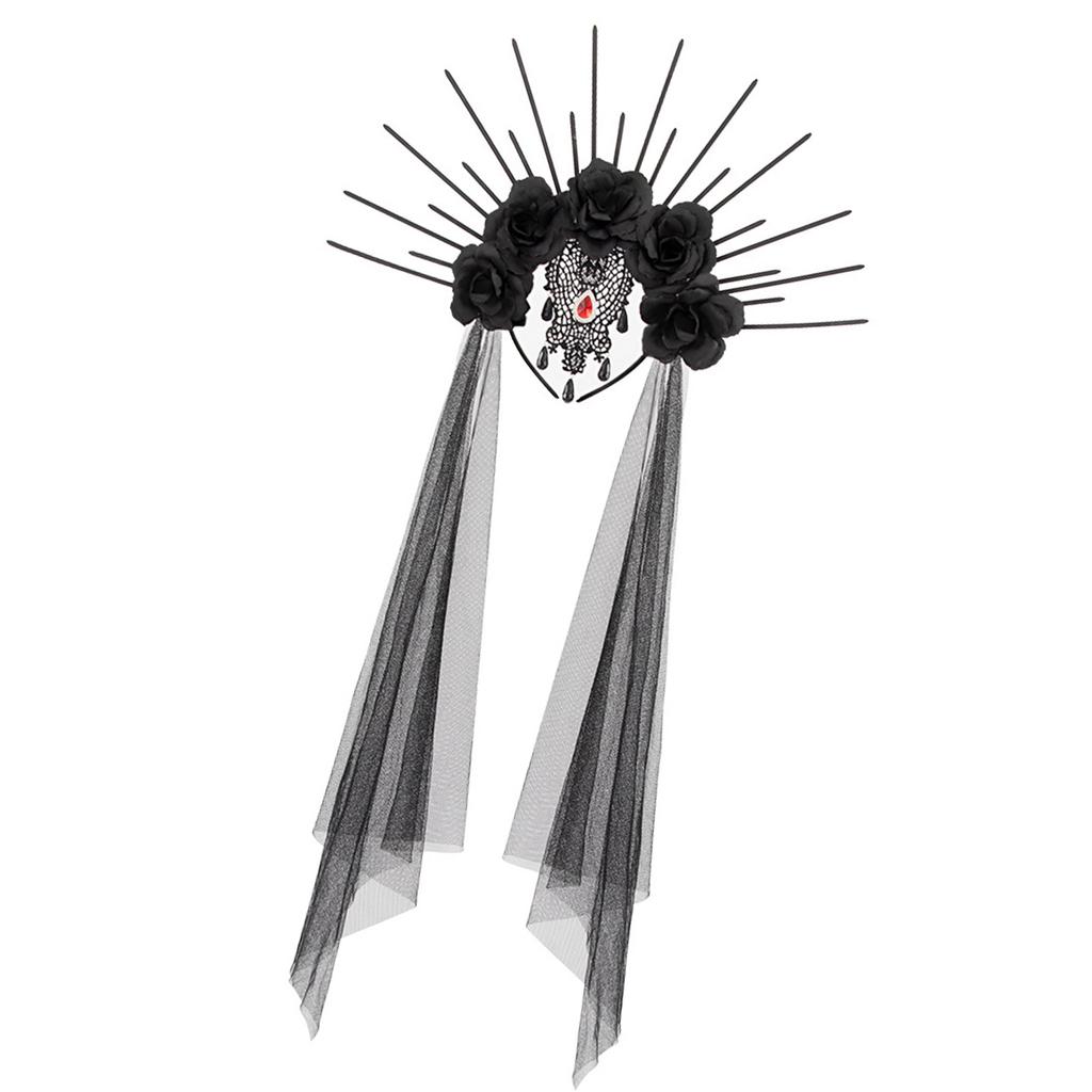 Gothic Queen Bride Costume Headband with Mesh and Rhinestone Lace Flower Crown for Halloween Cosplay Party Festivals