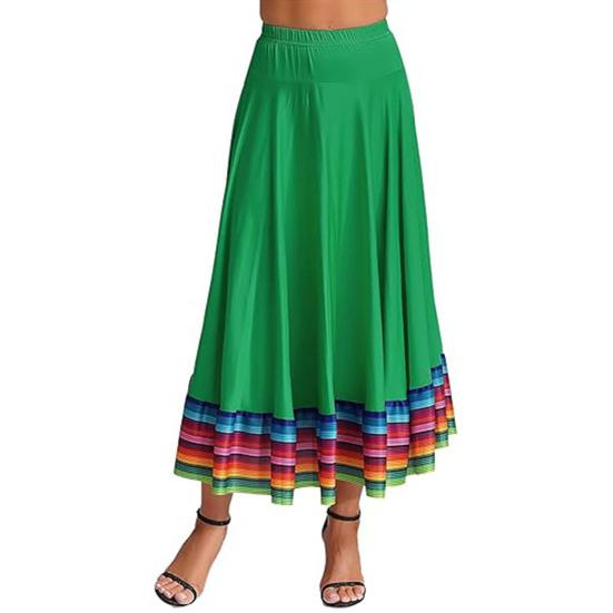 Maxi Skirt Ladies Folk Dance Skirt Elastic Waist Spanish Swing Skirt Rainbow Large Swing Hem Mexican Flamenco Performance Skirt