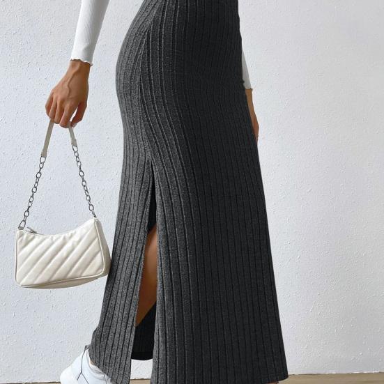 Women Skirt High Waist Knitted Elastic Thick Warm Ankle Length Striped Slim Fit Split Hem Soft Sheath Maxi Skirt