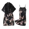 2 Pcs/Set Women Ice Silk Pajama Set Satin Printed V Neck Spaghetti Strap Loose Nightdress Half Sleeve Lace-up Waist Nightgown Lady Sleepwear