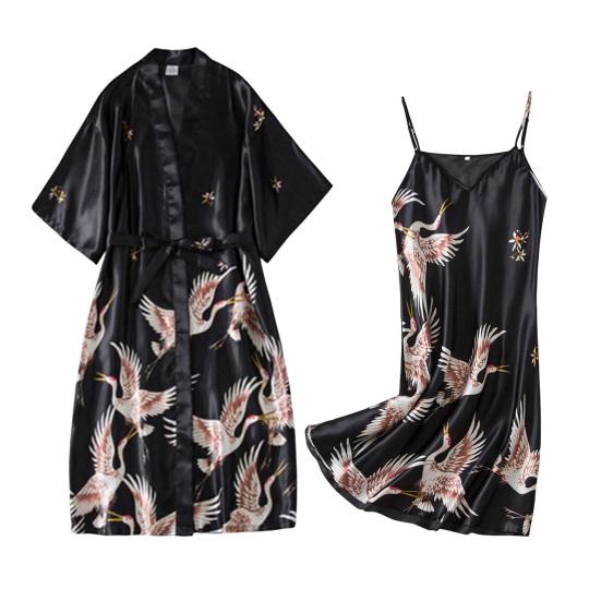 2 Pcs/Set Women Ice Silk Pajama Set Satin Printed V Neck Spaghetti Strap Loose Nightdress Half Sleeve Lace-up Waist Nightgown Lady Sleepwear