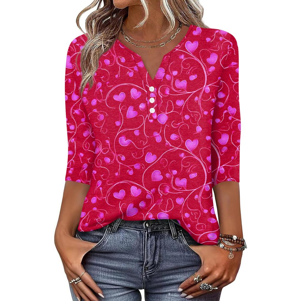 Жен. Футболка С принтом Пуговицы Рукав 3/4 Повседневные Выходные Мода Классический Классический V-образный вырез Обычный Верх