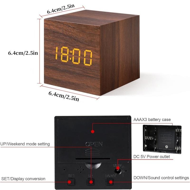 Voice Control  Wooden Digital Alarm Clock TEMP Date 3 Alarms Desktop Electronic Table Clock 12/24H USB Powered LED Bedside Clock