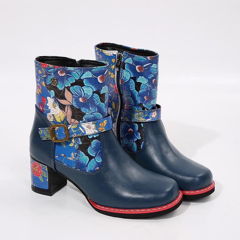 Print Random Chunky Women Ankle Boots Fashion Leather Mid Heels Shoes 2025 Trend Designer Buckle Pumps Gladiator Botas De Mujer