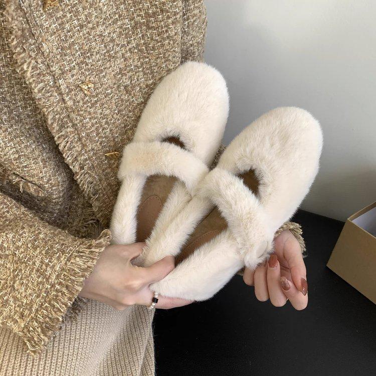 White Fluffy Shoes Women's Inner Height Increased by 5cm Plush Fluffy Shoes Women's Winter New One-word with Thick-soled Fluffy Cotton Single Shoes