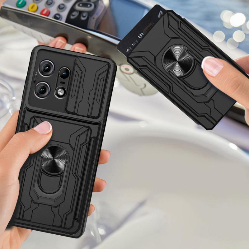Slide Lens Camera Shockproof Armor Case for Moto Edge 50 Pro 40 Edge40 Pro Ultra Card Slot Wallet Ring Stand Holder Cover for Motorola Edge50 Pro