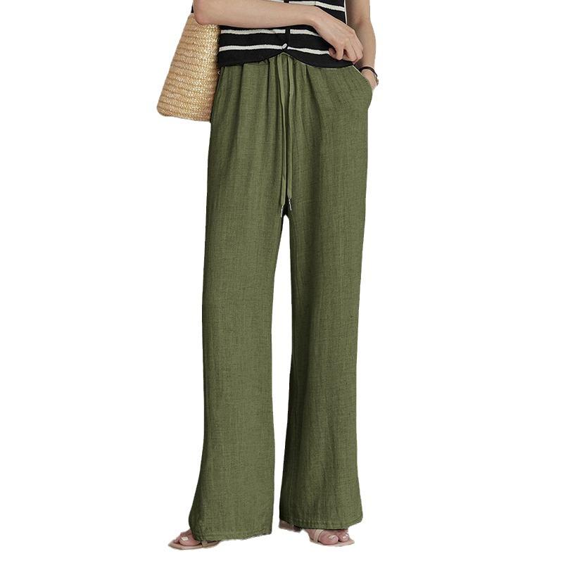 Spring and Summer New Cotton Hemp Loose Elastic Waist Women's Wide Leg Pants