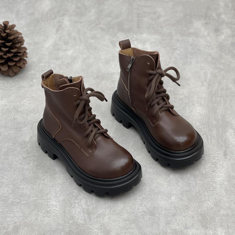 Johnature British Style Genuine Leather Thick Soled Short Boots Versatile Women's Shoes