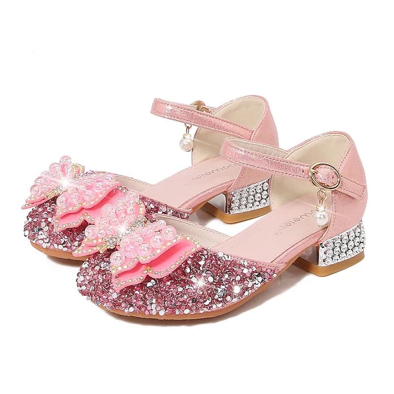 Children Princess Shoes Sequins Fashion Kids Leather Shoe Sandals Elegant Rhinestone Butterfly Girls Causal Dress Single Shoes