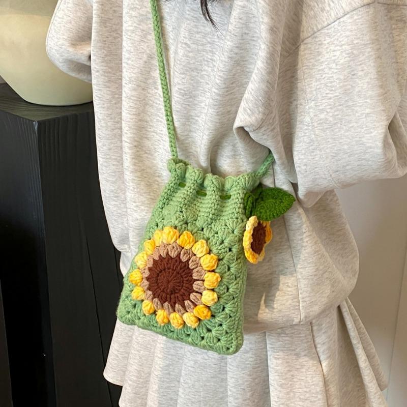 Knitted Wool Bag Sunflower Drawstring Phone Bag Woven Single Shoulder Crossbody Bucket Bag