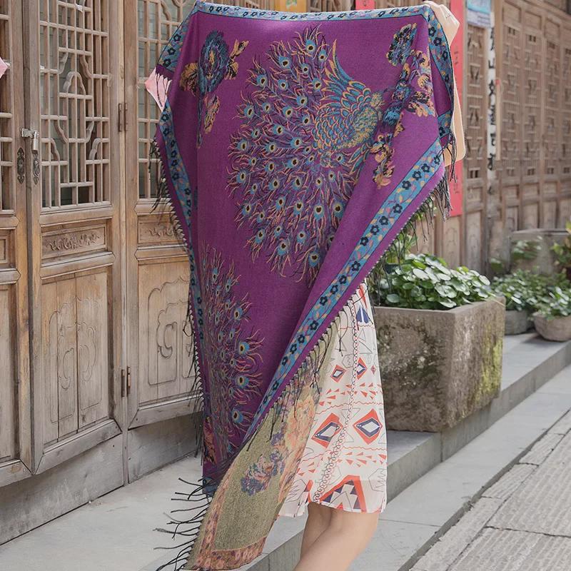 Lijiang Ethnic Style Double-Sided Phoenix Jacquard Cashmere Shawl and Scarf for Women