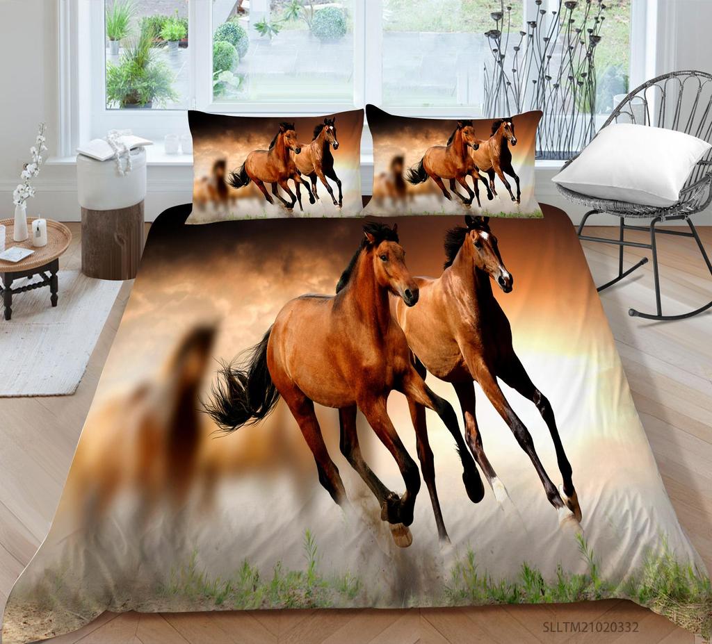 3D Horse Pattern Bedding Single Double Bed Full Size Animal Print Pillowcase and Quilt Cover Microfiber Washable Home Decoration