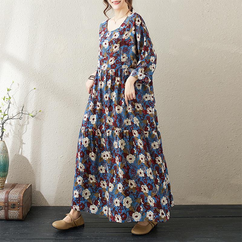 Round Neck Long Sleeve Bohemian Clothing Retro Autumn Cotton Linen Dresses Vintage Casual Floral Printed Long Dress for Women
