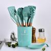 Green 12-Piece Non-Stick Kitchen Utensil Set with Wooden Handles and Heat-Resistant Silicone Spatula