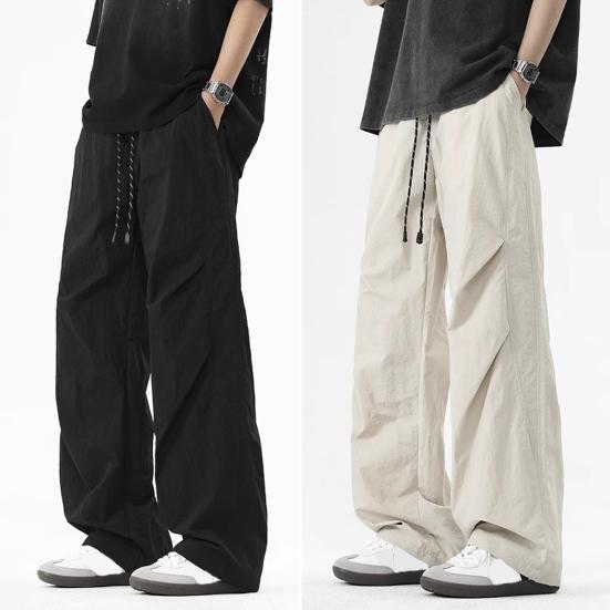 Men's Baggy Trousers Spring Summer Drawstring Waist Cargo Pants Solid Color Wide Leg Trousers