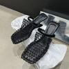 Sexy Hollow Out Mesh Square Toe Mules Women Shoes Pumps Slippers Fashion Strange Wedges Heels Slides Sandal Female Black