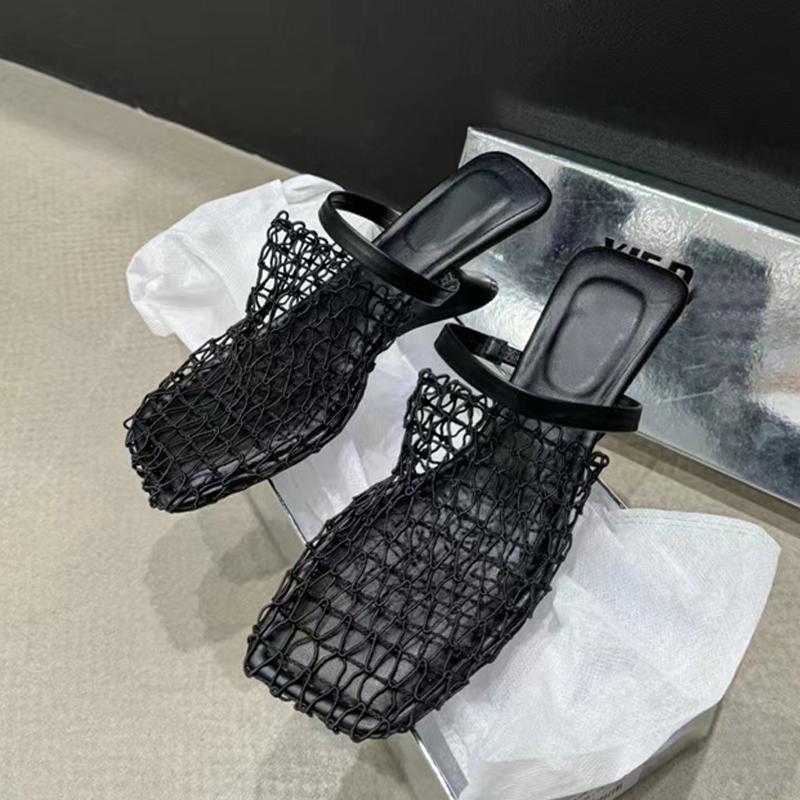 Sexy Hollow Out Mesh Square Toe Mules Women Shoes Pumps Slippers Fashion Strange Wedges Heels Slides Sandal Female Black