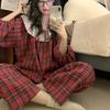 Women's Red Plaid Lace Trim Pajama Set - Long Sleeve & Pants