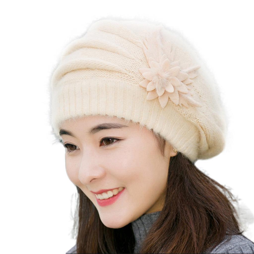 Fashion Womens Flower Knit Crochet  Hat Winter Warm Cap Beret