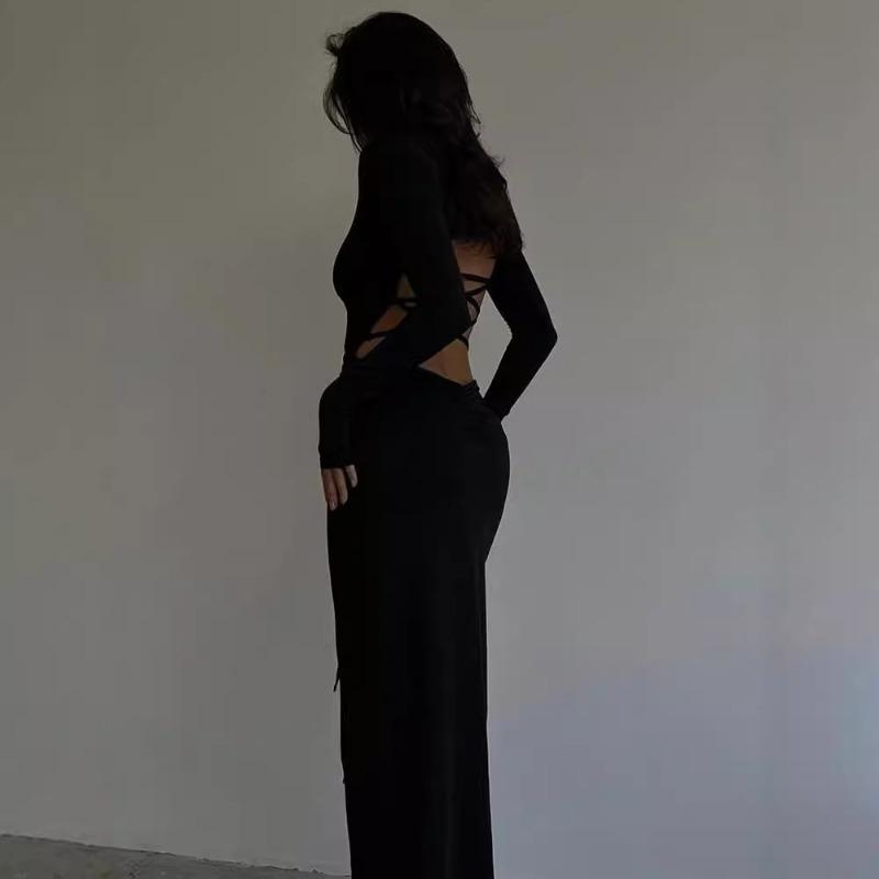 Women's Fall Sexy Slim Backless Split Dress Fashion Spice Tie Up Long Dress