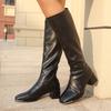 Fashion 2025 Thick Heels Knee High Boots for Women Fashion Pu Leather Long Black Boots Woman Back Zipper Autumn Winter Botas Mujer 35-42