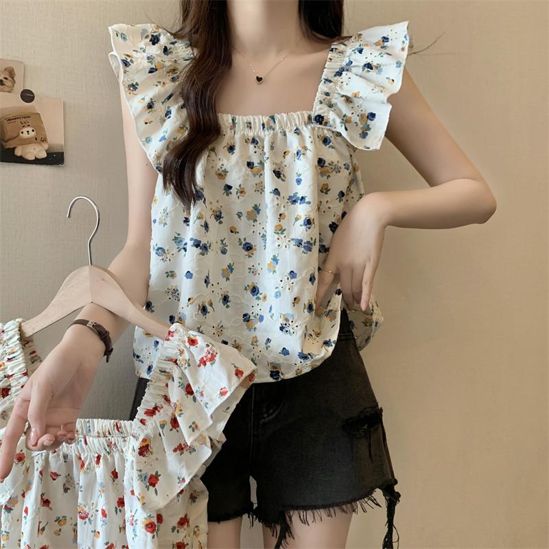 Summer New Loose Print Floral Casual Blouses Women Slim Fit Square Collar Flying Sleeve Women's Shirts Tops Elegant Vintage Female Clothing 26129