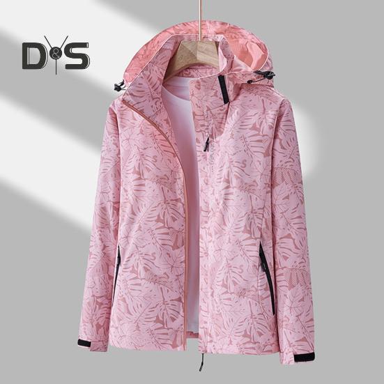 Women Jacket Stand Collar Detachable Hood Long Sleeve Casual Coat with Pockets Maple Leaves Print Zipper Placket Outwear