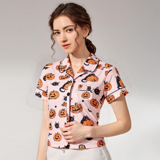 Halloween Pajama Sets for Women Button Down Short Sleeve 2 Piece Sleepwear Pumpkin Print Shirts And Shorts Pjs Lounge Set
