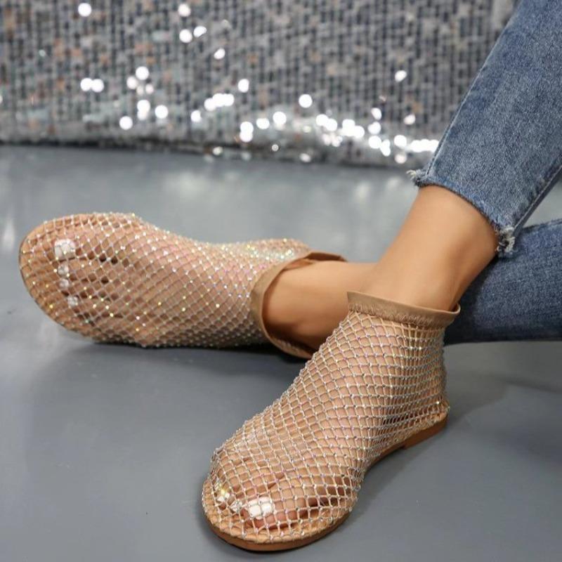 Summer New Large Size Round Head Sandals with Diamonds Short Boots Flat Bottom Hollow Sandals Women
