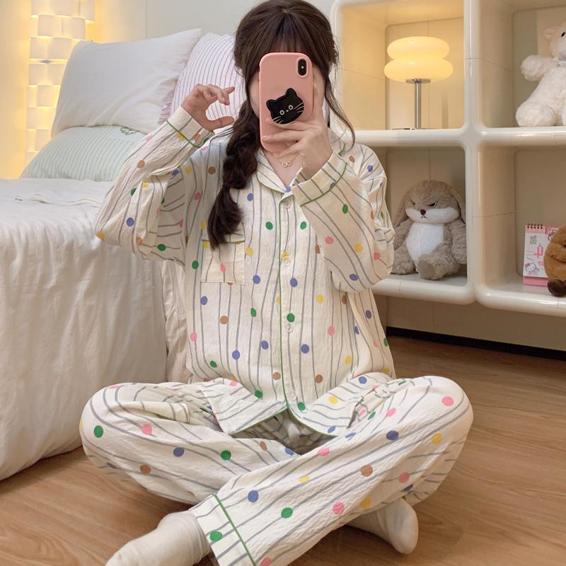 Colourful Striped Dot Print Pajamas Set for Women Sleepwear Autumn Winter Soft New Nightwear Button Lapel Design Pajamas Women's