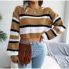 Women Autumn Winter O Neck Long Sleeve Striped Crop Loose Knit Pullover
