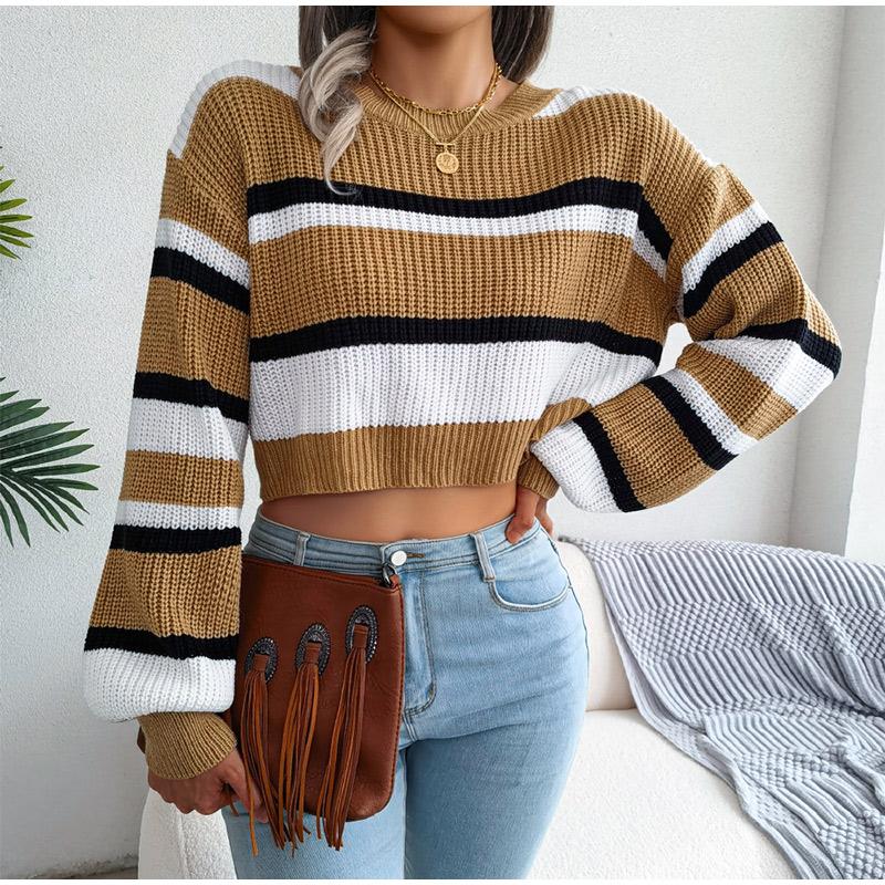 Women Autumn Winter O Neck Long Sleeve Striped Crop Loose Knit Pullover