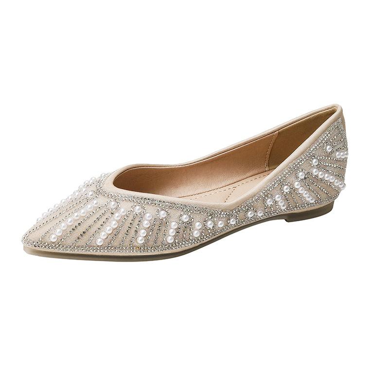2025 Summer Korean Version Soft-soled Pointed Flat-soled Single Shoes, Pearl Rhinestone Shallow Mouth Laden Shoes, One Pedal Doudou Shoes Women